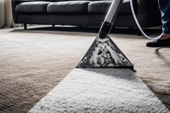 Carpet steam cleaning in progress