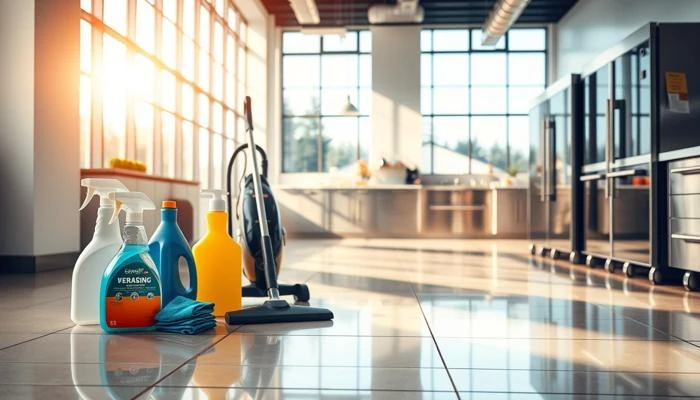 Clean polished floor with cleaning equipment for homes and offices